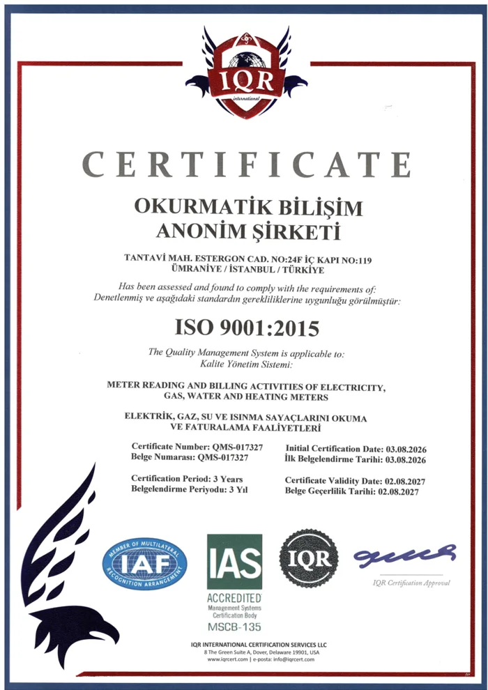 Okurmatik ISO 9001:2015 kalite yönetim sistemi sertifikası